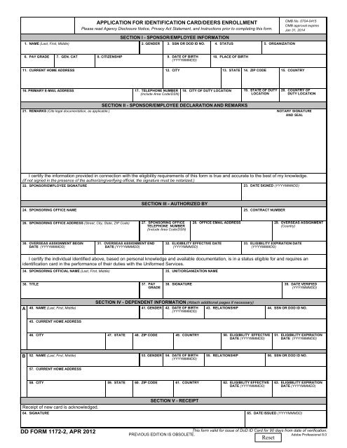 DD Form 1172 2 Application For Identification Card DEERS 